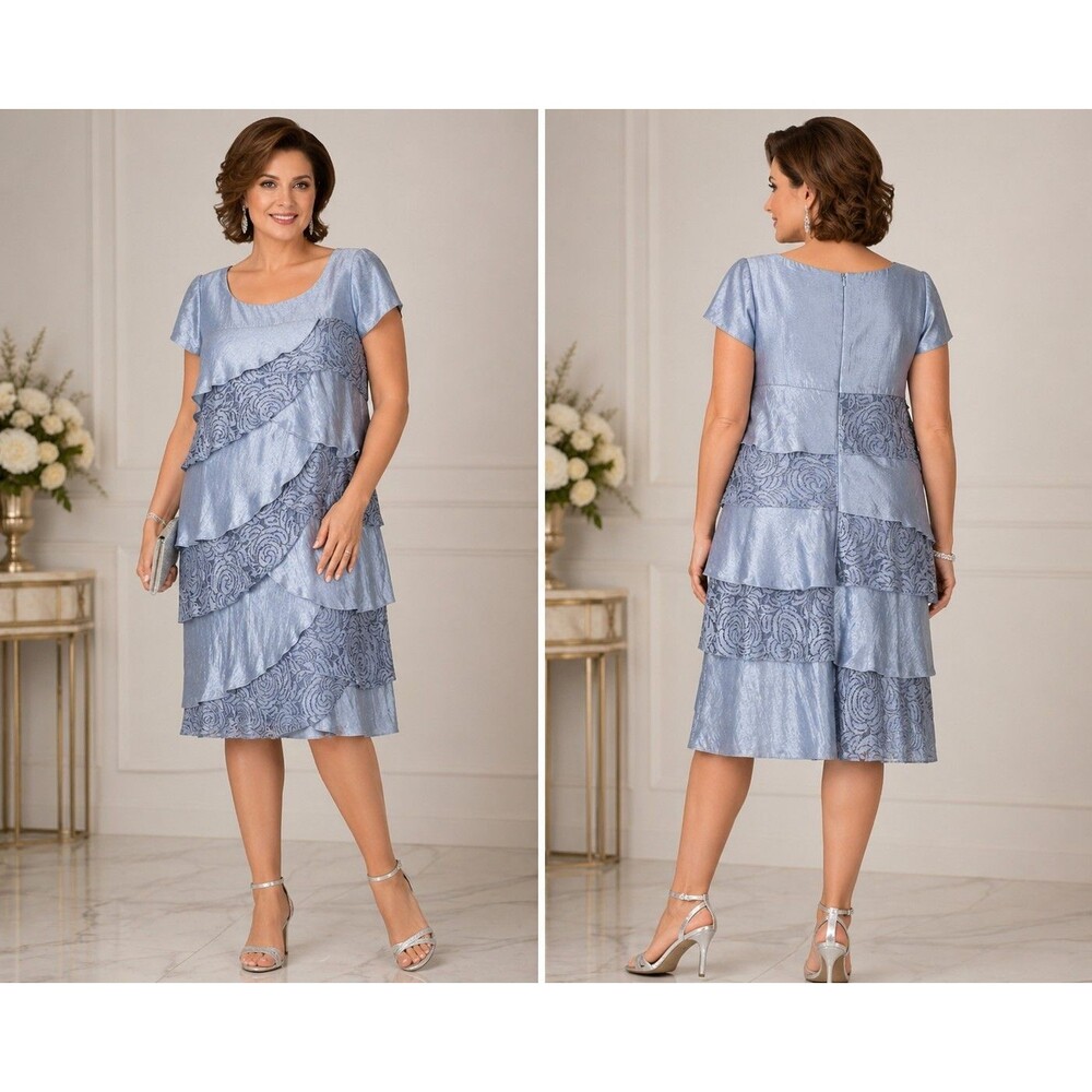 London Times women Dress 14 Silver Blue Ruffle Tiered Lace Formal Wedding Guest